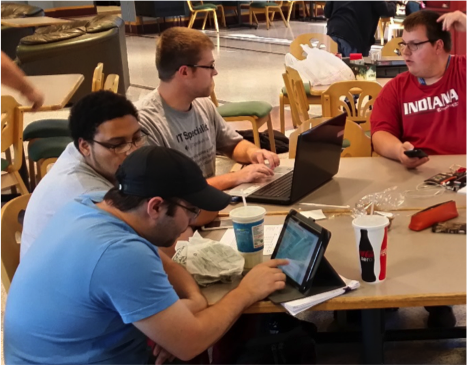 Principles of Management students spend time at the coffee shop in Vincennes University's Student Union to review and discuss their BizCafe results